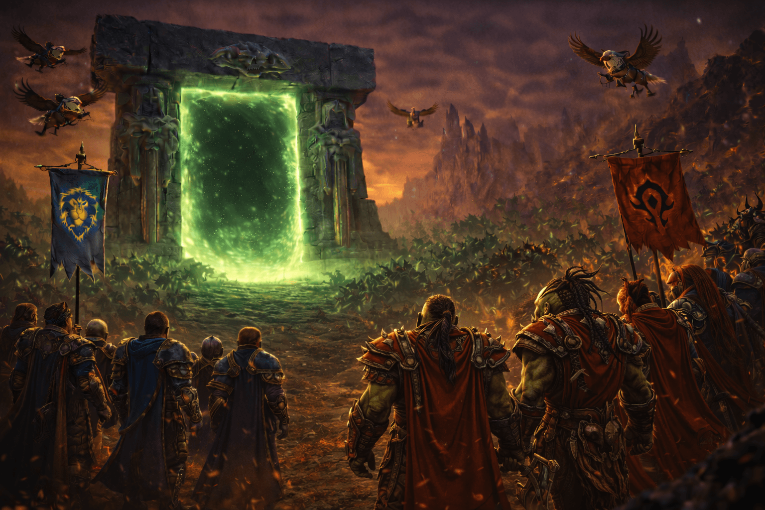 Horde and Alliance charging into the Dark Portal in the Blasted Lands